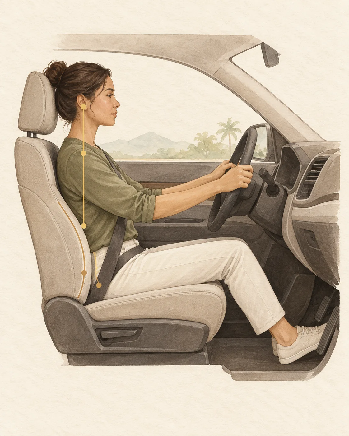 Side-profile illustration demonstrating neutral driving posture with the head over the shoulders, back supported, elbows softly bent, and feet comfortably reaching the pedals