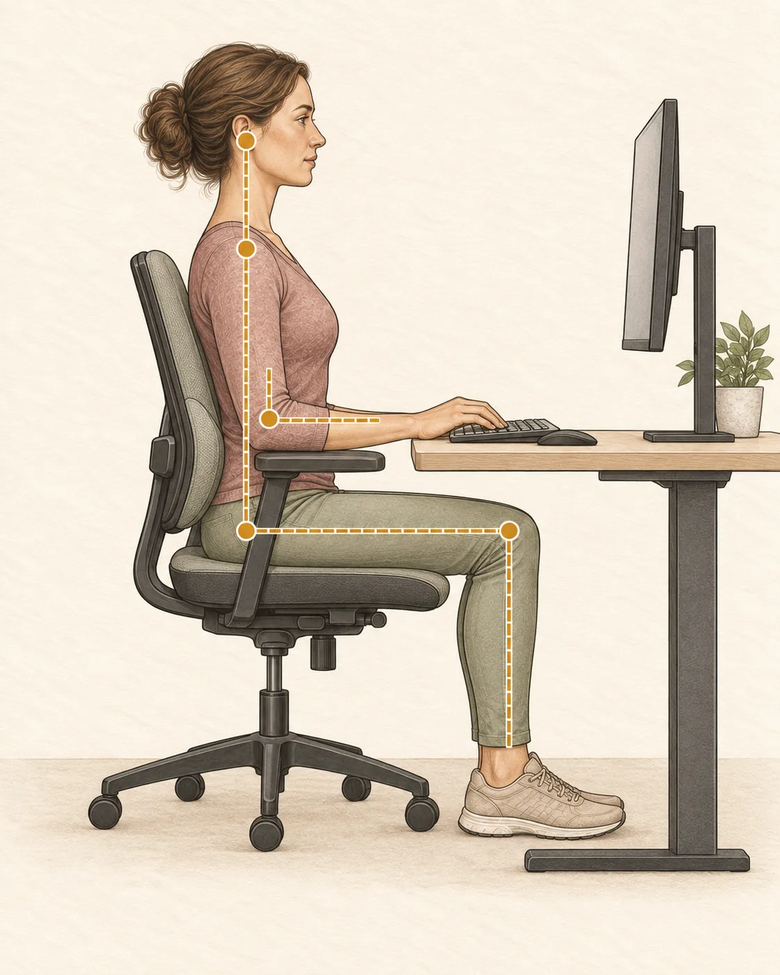 Side-profile illustration demonstrating neutral sitting posture with the back supported, elbows relaxed, monitor at eye level, and both feet flat on the floor