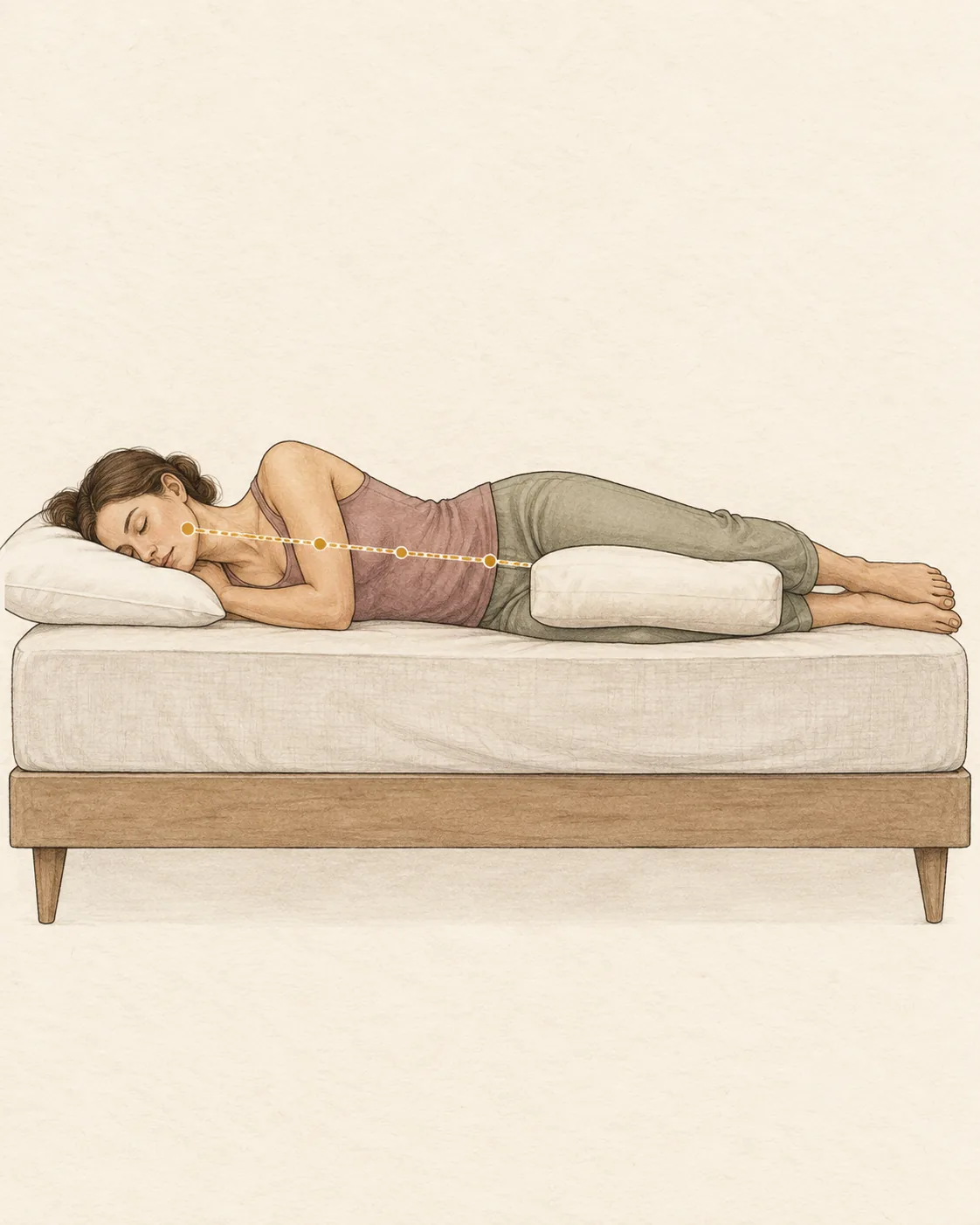 Side-profile illustration demonstrating neutral side-sleeping posture with the neck supported in line with the spine and a pillow between gently bent knees