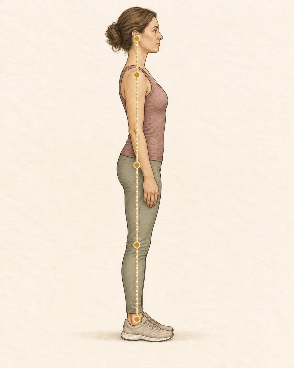 Side-profile illustration demonstrating neutral standing posture with the ear, shoulder, hip, knee, and ankle vertically aligned